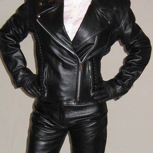 Women's Vintage Leather Motorcycle Jacket & Pants Set